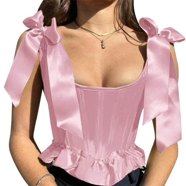 Rteyno Women/'s Corset Satin Boned Overbust Lace up Busiter Shapewear Ruffle Tank Tops